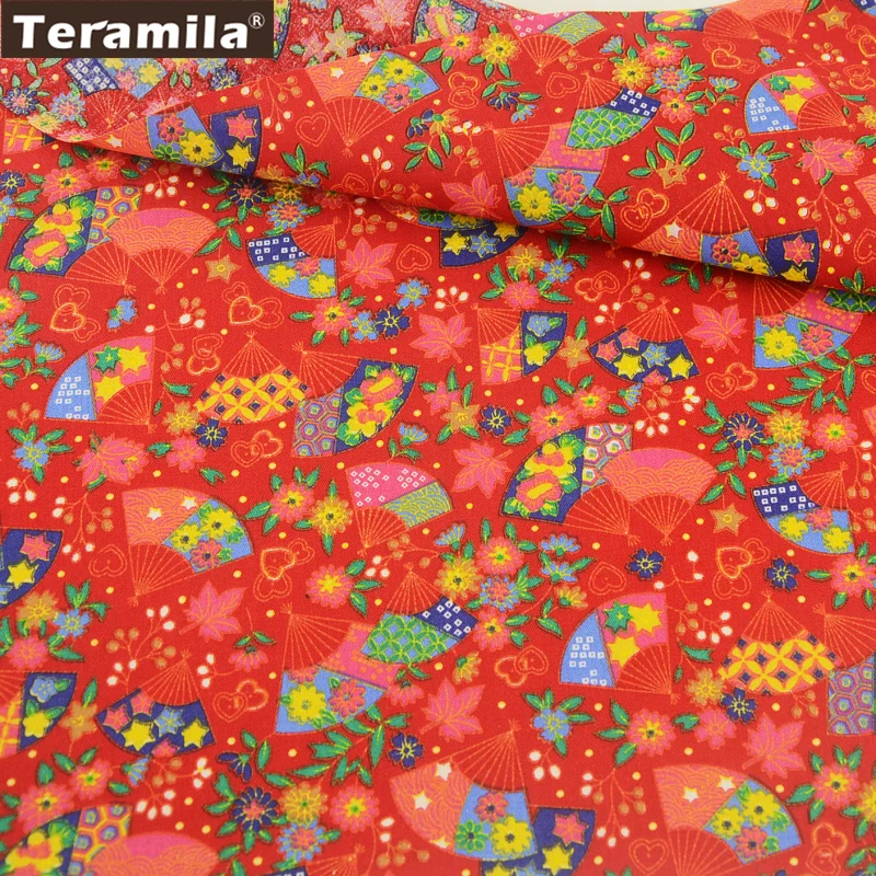 

Teramila Cotton Linen Fabric Luxurious Printed Different Fans With Flower Style Quilting Tablecloth Curtain Doll's Sewing