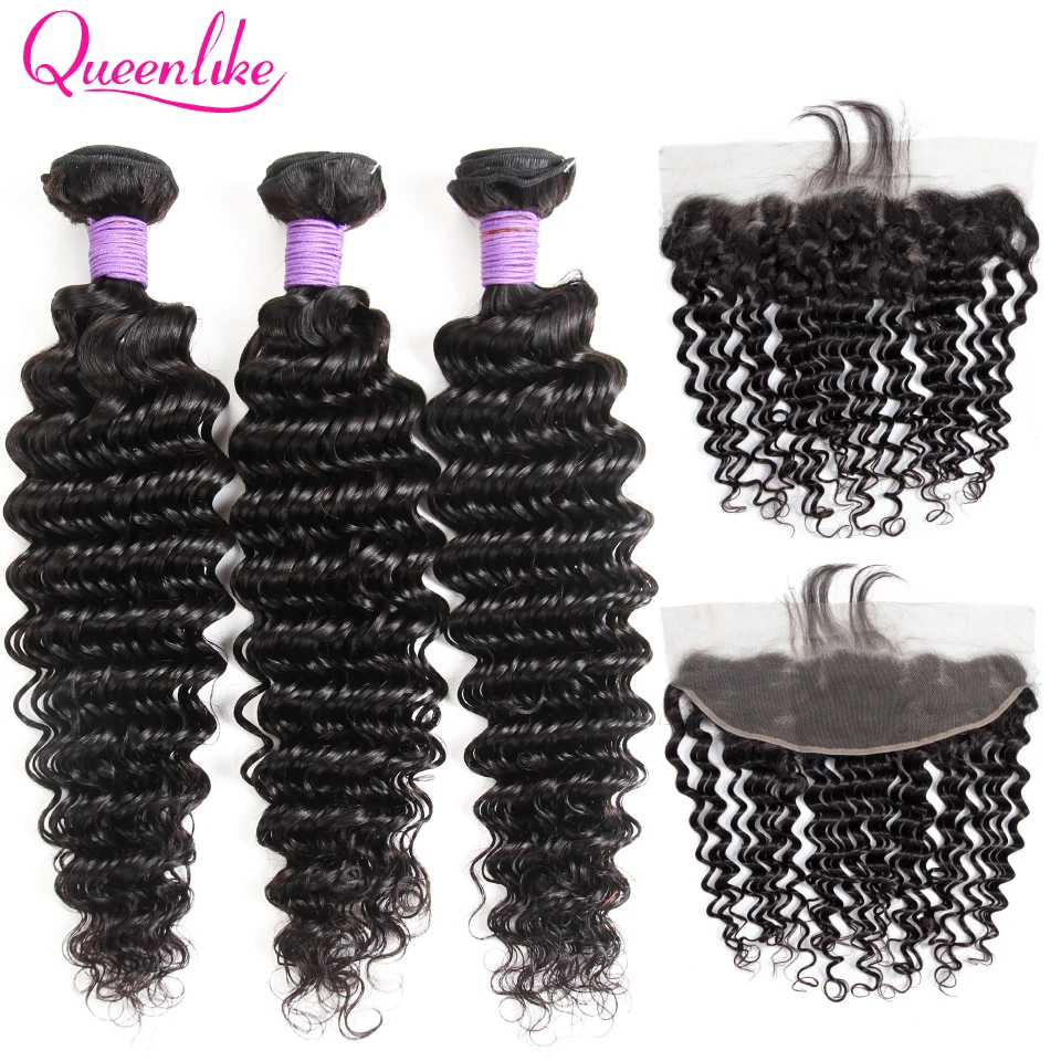 

Brazilian Deep Wave Bundles With Frontal Closure Non Remy Human Hair Weave 13x4 Pre Plucked Lace Frontal Closure With Bundles