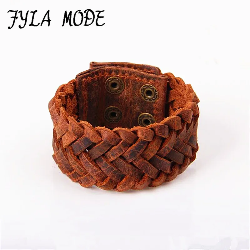 Fyla Mode новые винтажные браслеты из натуральной кожи 23*3,6 см на кнопке браслеты в стиле панк ручной работы плетеный мужской ювелирный браслет - Окраска металла: brown