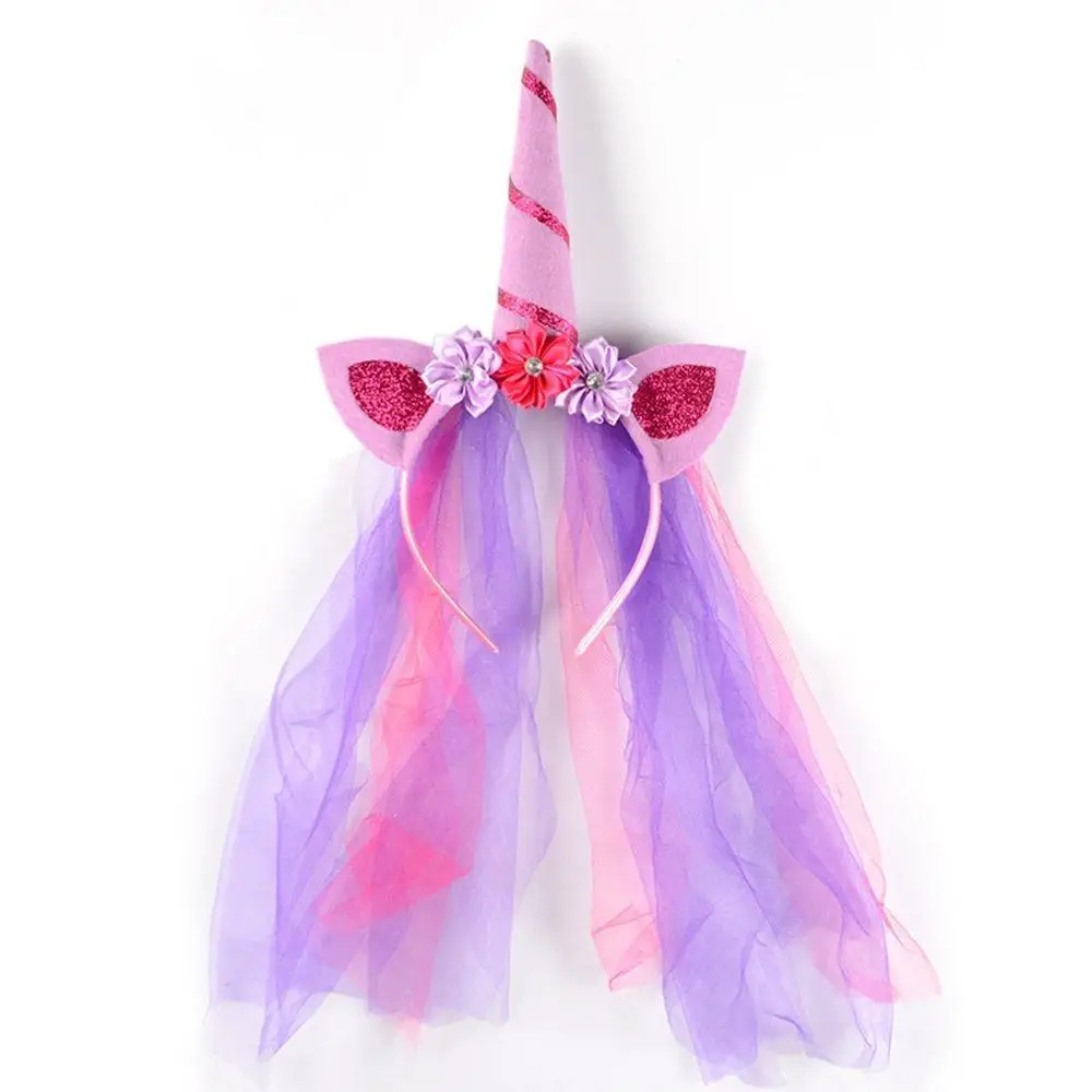 None Party Headband Unicorn Delicate Horn Xmas Headwear Chiffon Flower Birthday Girls Fashion Gorgeous Elastic Hairband | Детская одежда