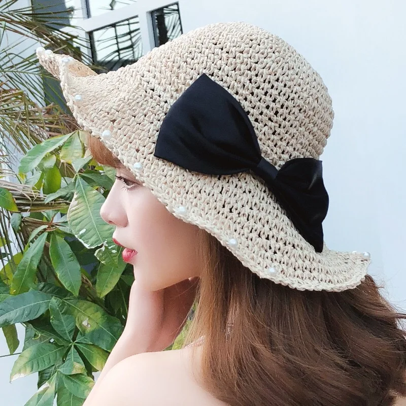 New fashion and beautiful Summer handmade bow with pearl trim Collapsible sun hat Holiday must-haves | Аксессуары для одежды