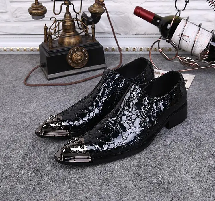 Western Style Pointed Metal Toe Men Dress Shoes Slip On Oxford For Snakeskin Pattern Zapatos Hombre Flat Chaussures | Обувь