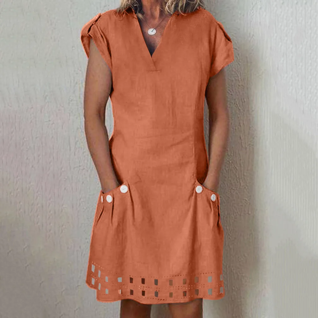 Женское повседневное кружевное платье с v образным вырезом оборками и карманами