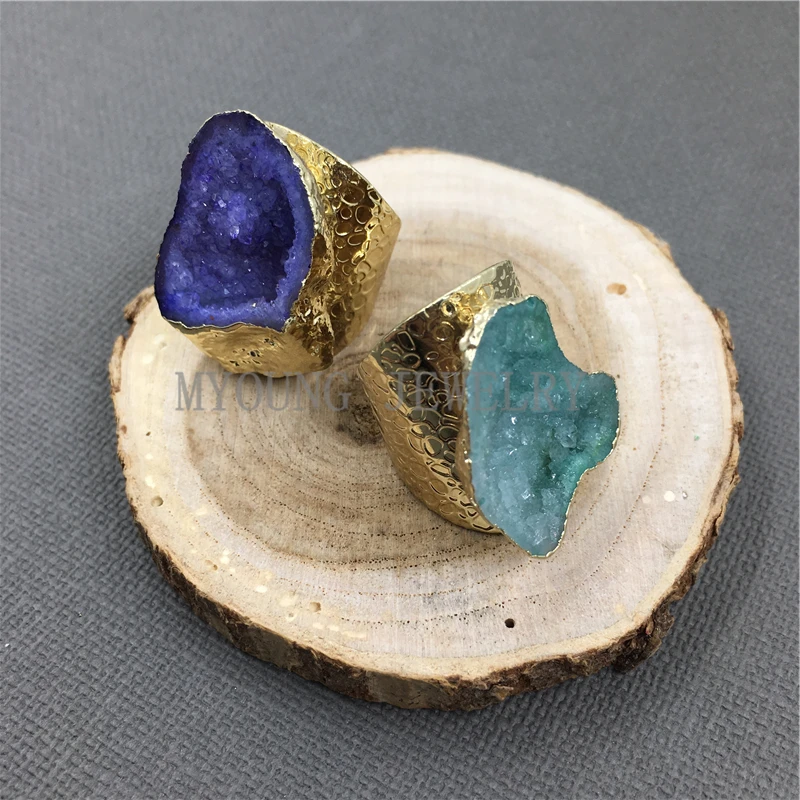 MY1040 натуральный кулон агат Друза жеодные кольца золотого цвета базовые для