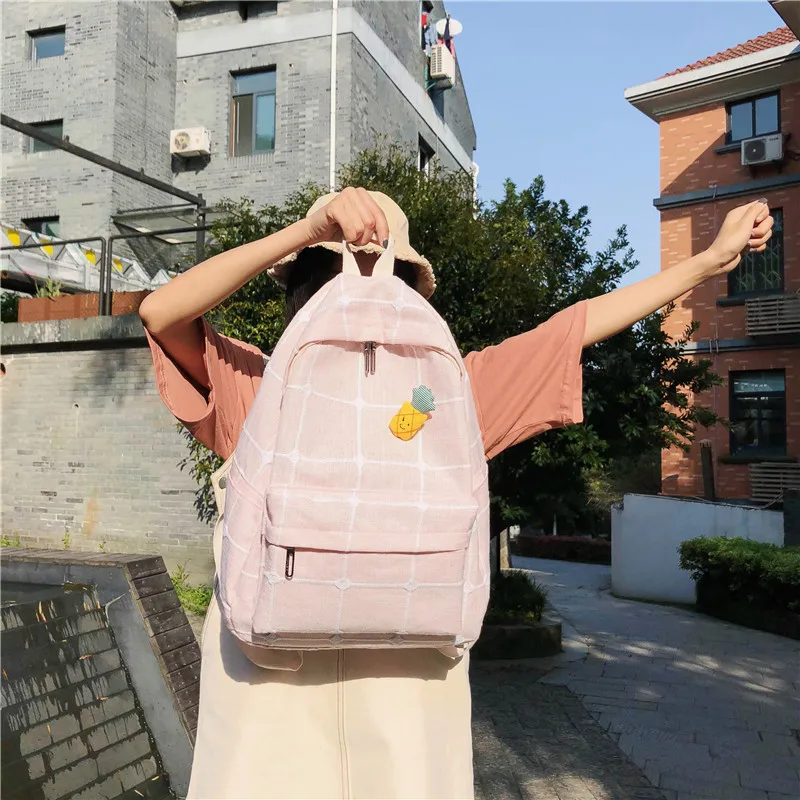 Женский рюкзак из хлопка и льна в шотландскую клетку синего/розового