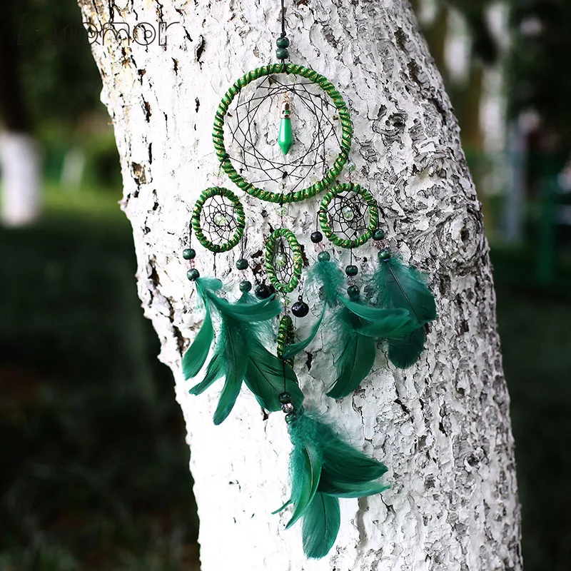 Зеленая полициклическая Ловец снов ручной работы сетка с перьями украшение для