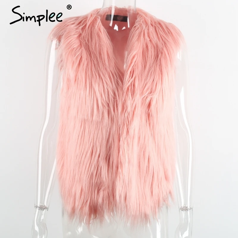 Pink Розовый женский меховой жилет Simplee, белое пальто без рукавов, ворсистое мягкое повседневное пальто на осень и зиму - Цвет: Pink