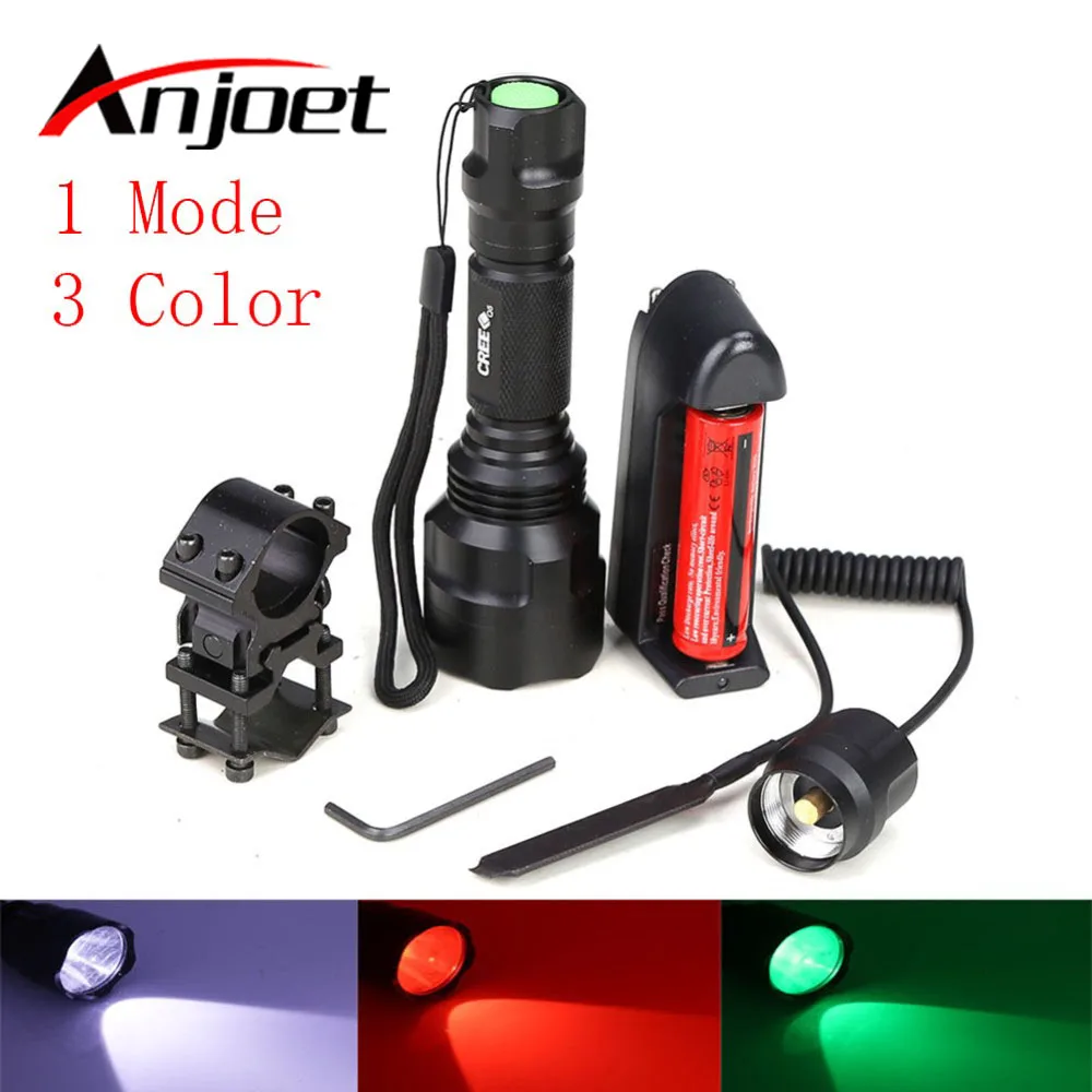 1 Set Tactical Flashlight White/Green/Red CREE T6 led torch+battery+Charger+Pressure Switch Mount Hunting Rifle Gun Light Lamp