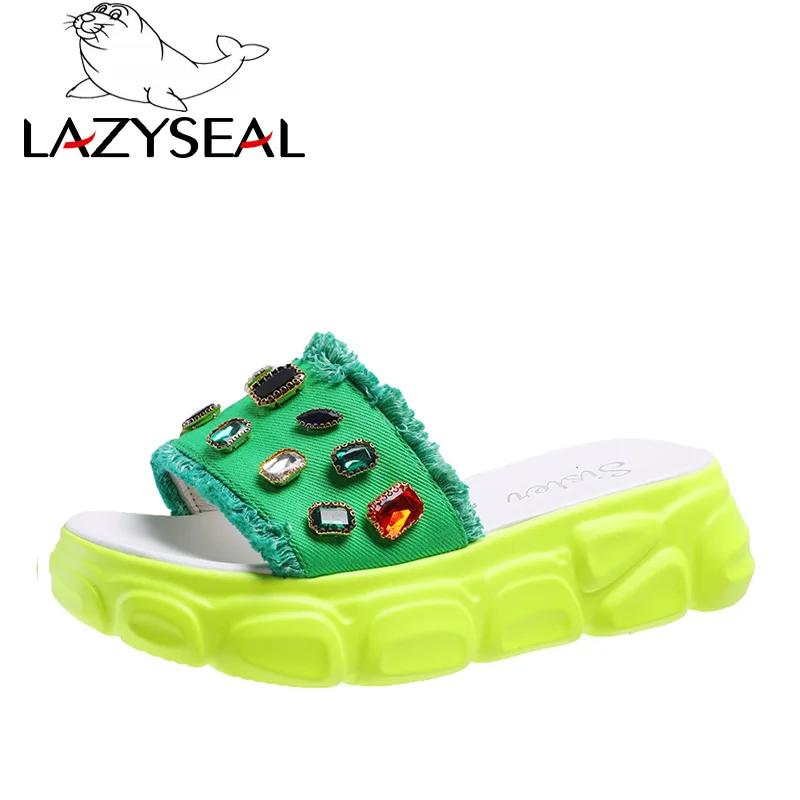 LazySeal летние шлепанцы на плоской подошве; женская обувь со стразами; вьетнамки на рифленой подошве; новые женские шлепанцы; Chanclas Mujer; коллекция года - Цвет: green