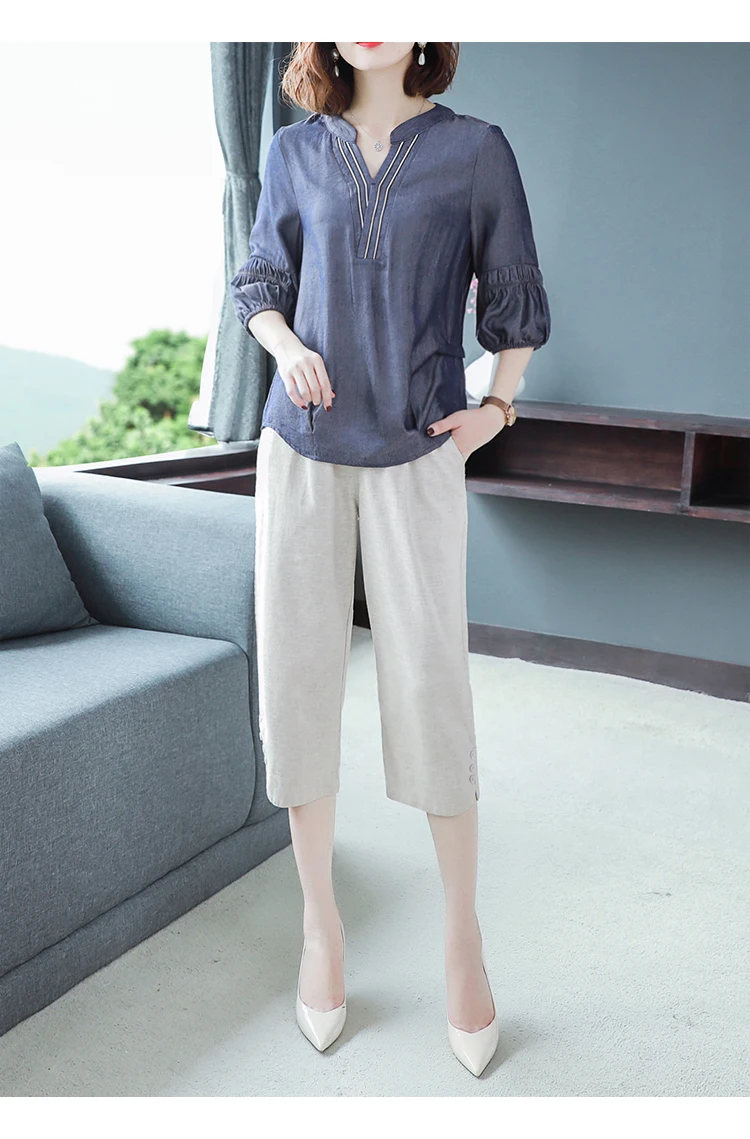 L-5xl, зеленые, синие летние комплекты из двух предметов, наряды, женские, большие размеры, v-образные вырезы и укороченные штаны, костюмы, повседневный офисный корейский комплект
