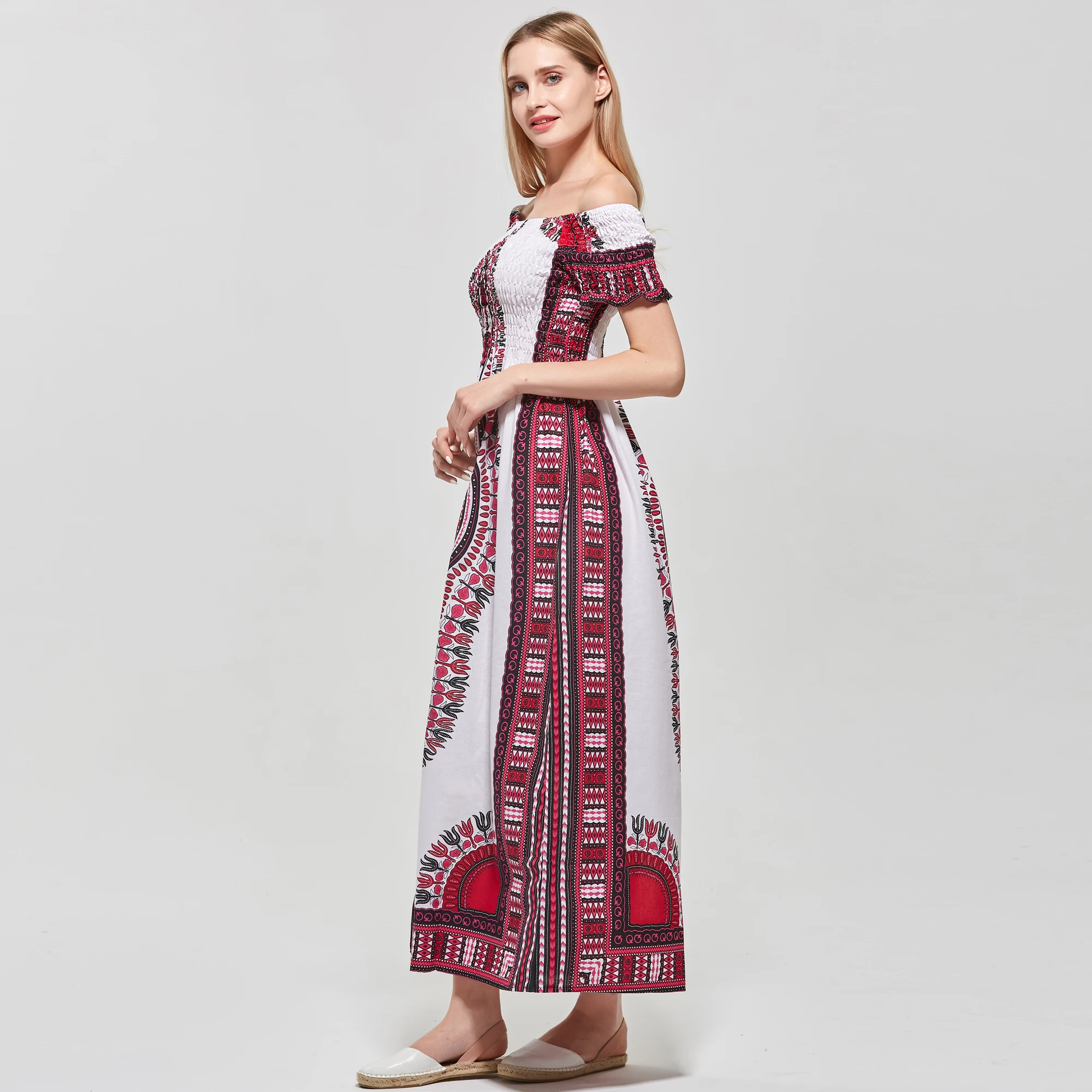 Dashikiage женщин хлопок традиционный Африканский узор Дашики вечерние плюс Размеры белый Розовое платье