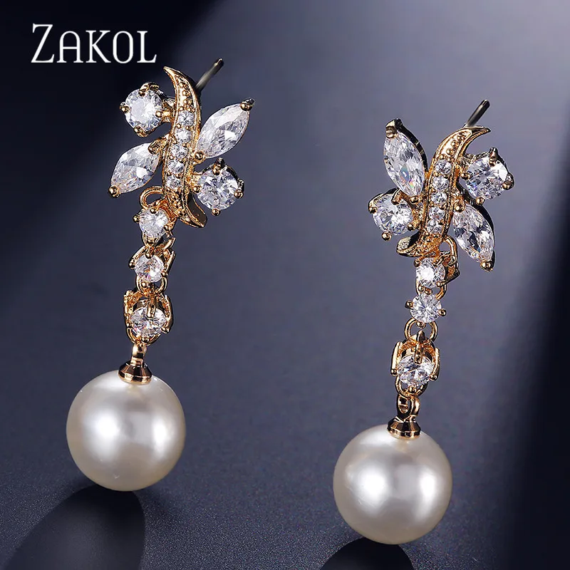 Женские серьги капельки ZAKOL с искусственным жемчугом и кубическим цирконием