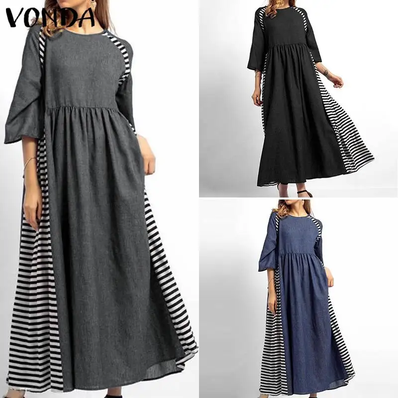 Kaftan Женский Осенний сарафан большого размера VONDA макси длинные платья с коротким рукавом льняные рубашки Платье женское Повседневное платье 5XL