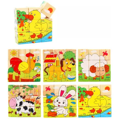 Farm animals Мультяшное изображение животного деревянный пазл 9 шт. Шестигранная 3D головоломка игрушка ребенок для раннего развития игрушка куб головоломка детский подарок - Цвет: Farm animals