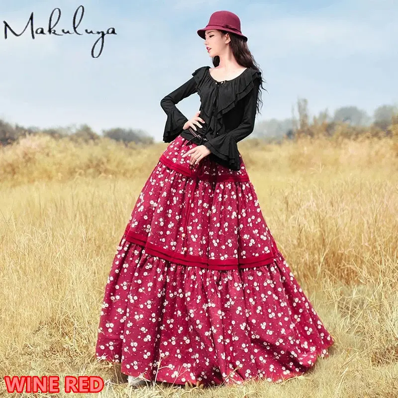 WINE RED Makuluya женские богемные шикарные сельские длинные юбки для девочек с цветочным принтом хлопок цветок Весна Осень Зима Лето Женский L6 - Цвет: WINE RED