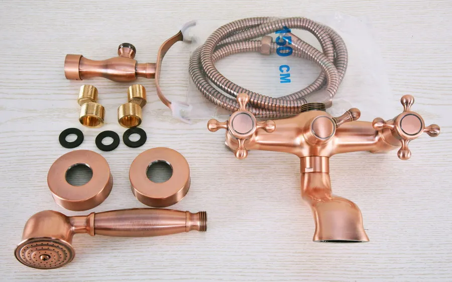 Античная красная медная латунь с двумя перекрестными ручками настенный кран для