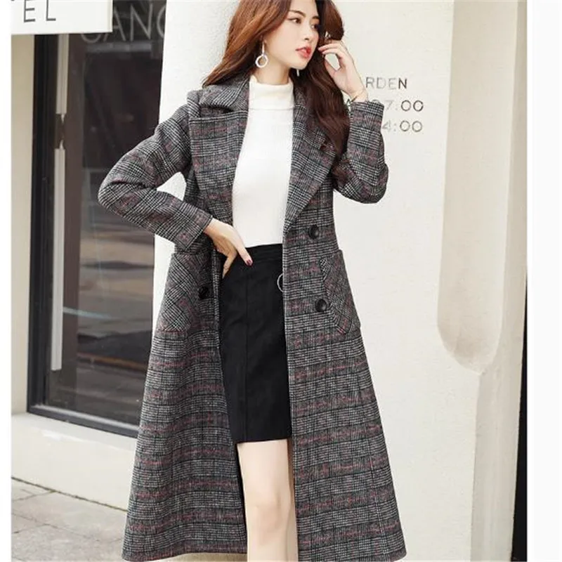 Женское длинное шерстяное пальто в клетку сезон осень зима 2018