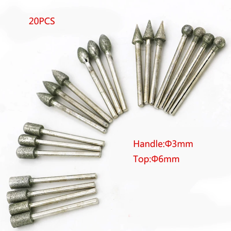 20 шт./компл. Гальванические Алмазные Боры абразивный шлифовальный головки 6 мм * 3