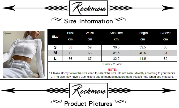 Rockmore Bodycon White Knitted Ribbed Zipper Women T-Shirt Streetwear Cotton Long Sleeve Femme T Shirts Crop Tops Tees Autumn