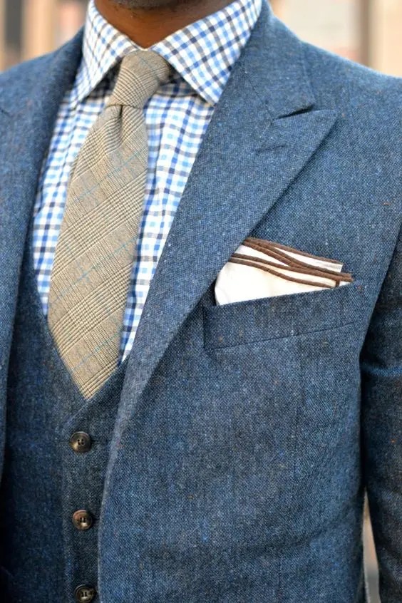 Мужские костюмы для выпускного вечера синие Твидовые с отложным воротником
