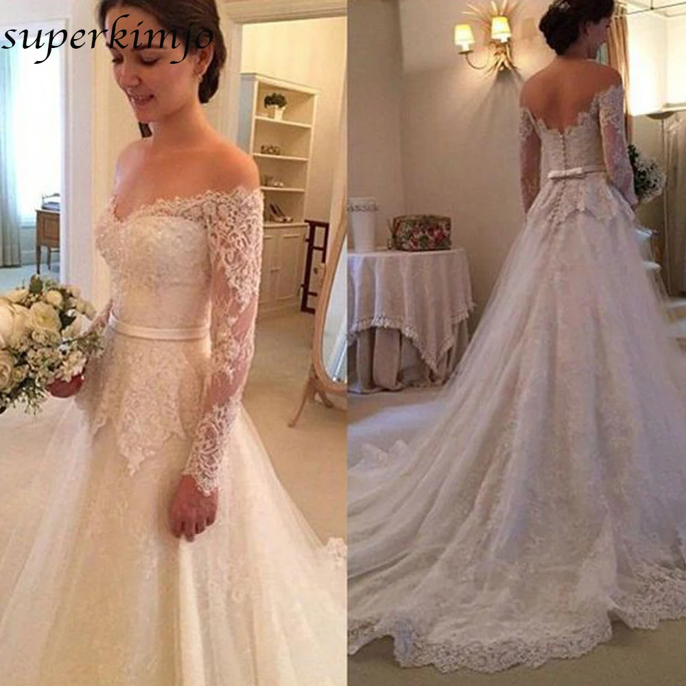 

Lace Wedding Dresses 2019 Off the Shoulder Lace Appliques Long Sleeve Illusion A Line Bridal Dresses Noiva