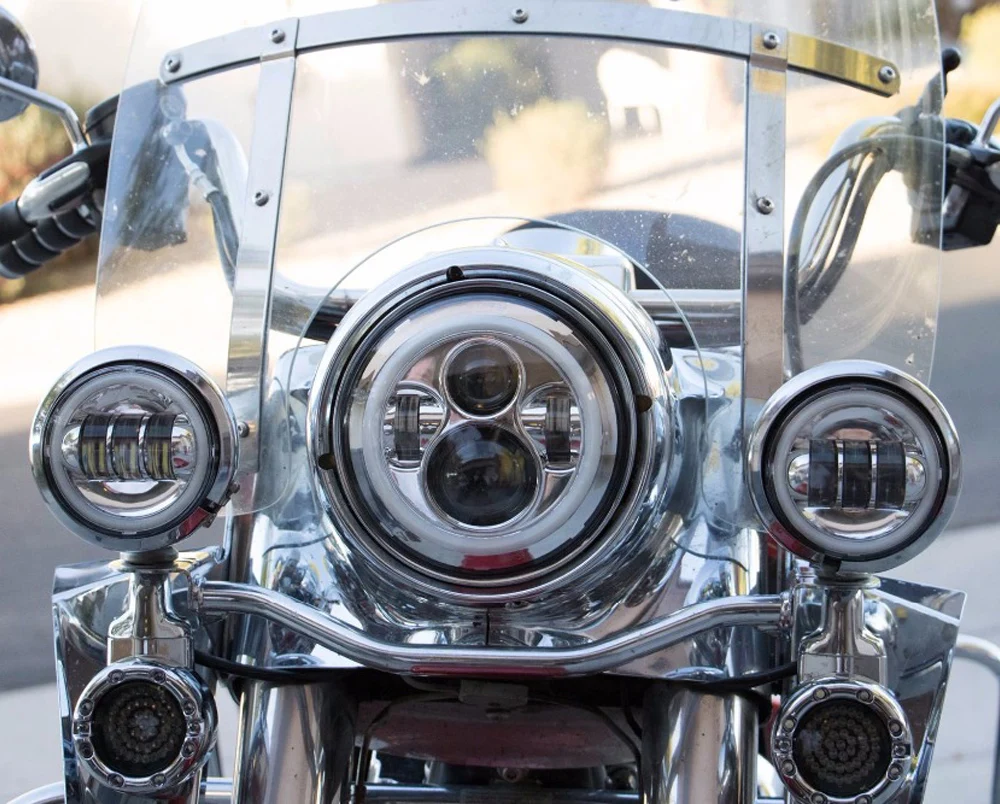 DOT 2PCS Chrome Black Motorcycle Headlight Front 4.5 Inch Passing Fog Light Universal 12V With Halo Ring Moto Driving |
