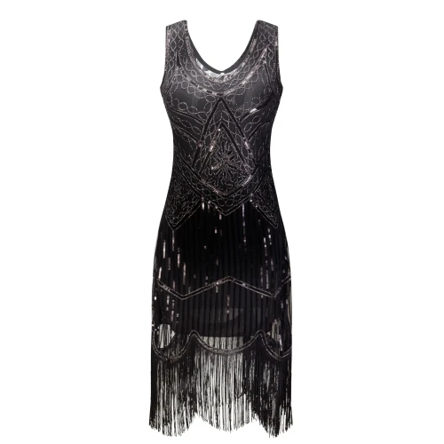 Женское платье для вечеринки, Robe Charleston 1920s Great Gatsby, платье миди с блестками и бахромой, летнее черное платье в стиле ретро - Цвет: pure black