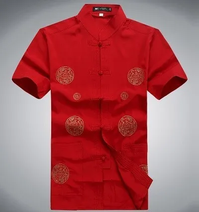 red chinese shirt Sheng Коко китайская рубашка Для мужчин Дракон узор короткий рукав мужской традиционный китайская рубашка белый Tangzhuang ушу Костюмы человек 3XL - Цвет: red chinese shirt