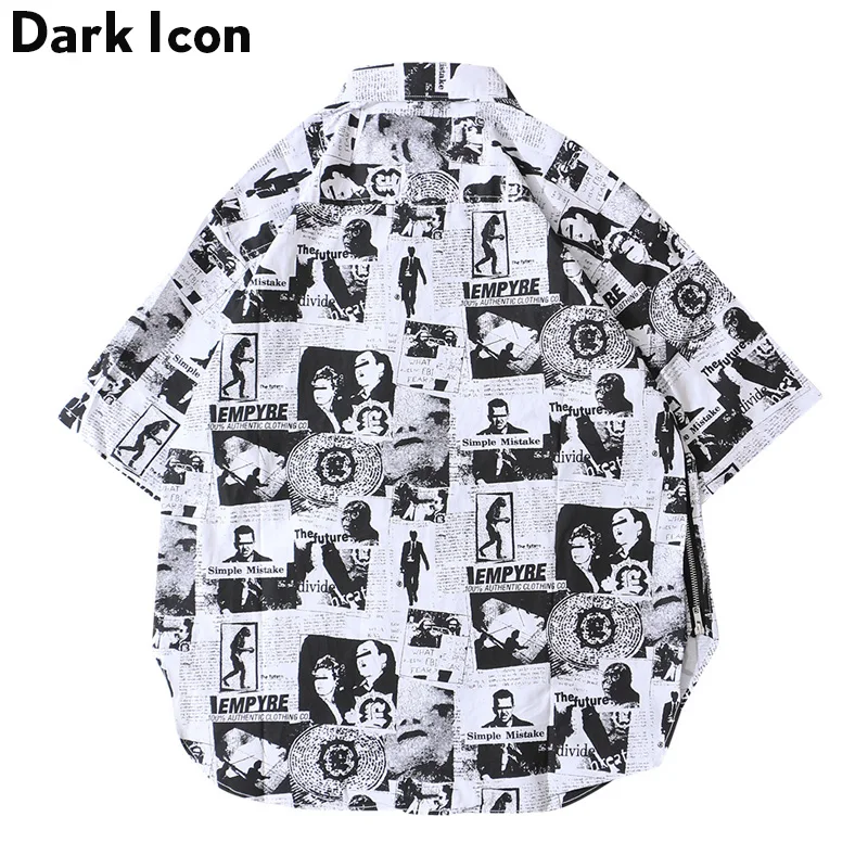Мужская рубашка в стиле хип хоп DARK ICON черная белая с принтом на боку и молнии