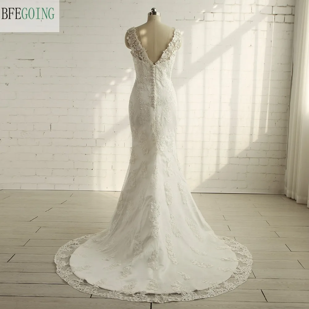 

Ivory Tulle Lace Appliques Floor-Length Mermaid/Trumpet Wedding dress Chapel Train Sleeveless Bridal Gown Custom made