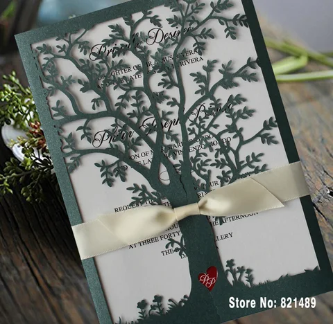Свадебные приглашения с деревом зеленого цвета, пригласительные открытки с белой лентой, свадебные приглашения с лазерной резкой деревьев-набор из 50