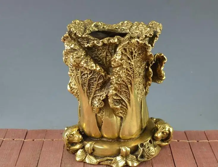 

Brass Sculpture in Rare Antique Collection Big Chinese Cabbage Animal Pencil Cylinder Dog Pencil Cylinder