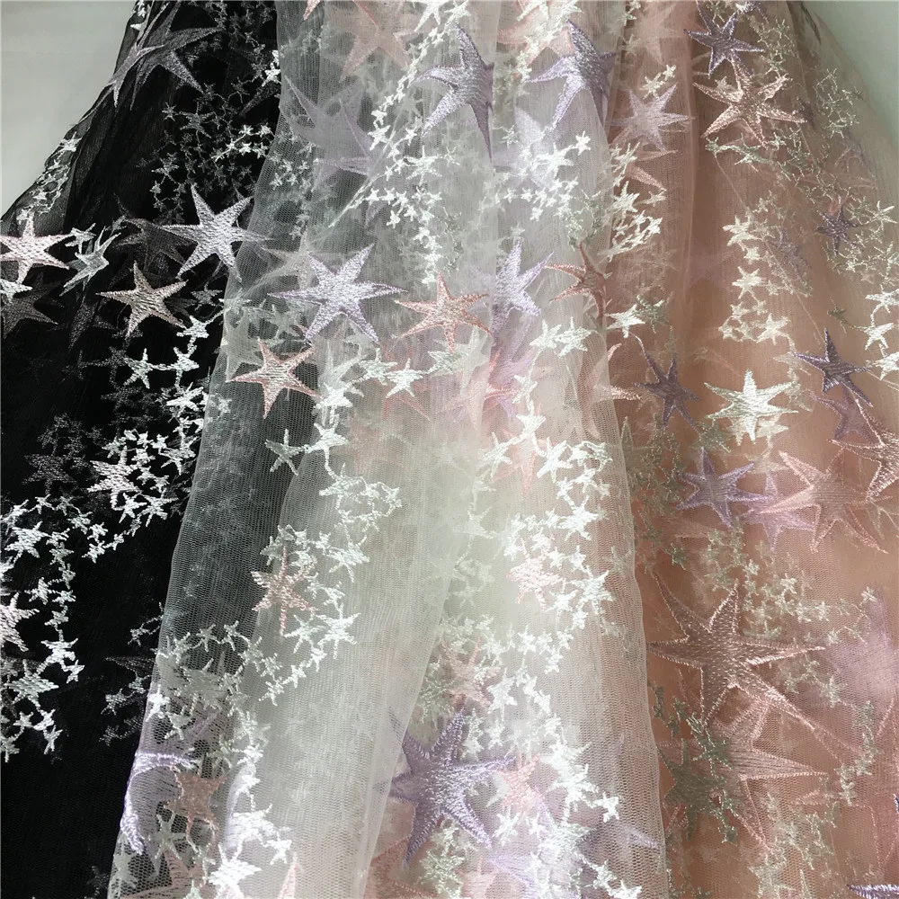 

1 Yard Star Embroidered Tulle Mesh Lace Fabric In Black/Pink/Ivory White Gauze Fabric For Evening Dress, Curtains