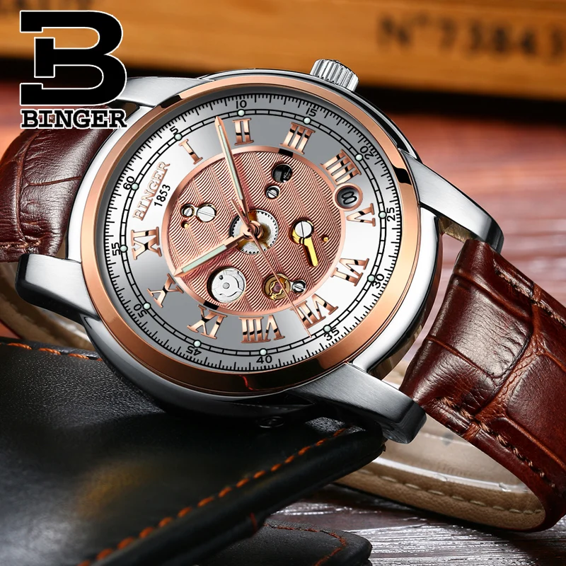 

Vintage Brand Roman Men Business Dress Wristwatch Mechanical Self Winding Calendar Watch Luxury Sapphire Real Leather Watch 3Bar