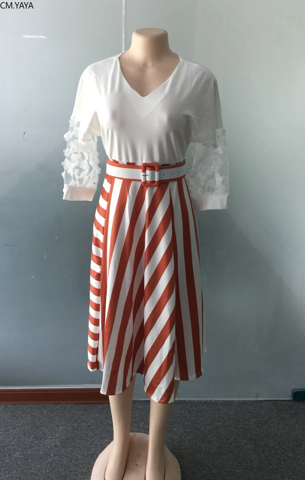 2019 women summer new long sleeve o-neck Midi dress Striped Pleated fashion sashes vintage Africa vestidos dresses GLAM356 | Женская