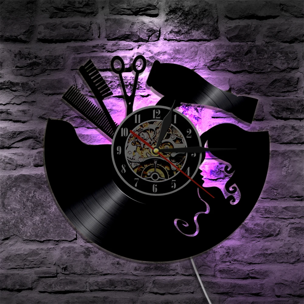 

Barber Shop Beauty Salon Modern Decorative Lighting Vinyl Record Wall Clock With LED illumination For Hairdresser Gift