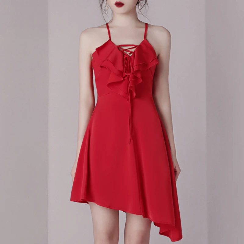 INDRESSME Новинка 2019 элегантное сексуальное асимметричное платье на бретельках со