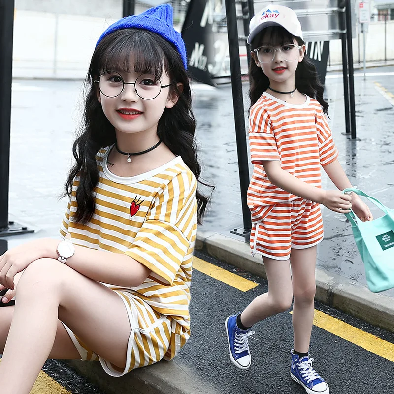 

Striped Kids Girls Clothing Set Summer 2019 Cotton Casual Big Girls T-shirt Tops & Shorts Sets 2 Pcs Girls Tracksuits