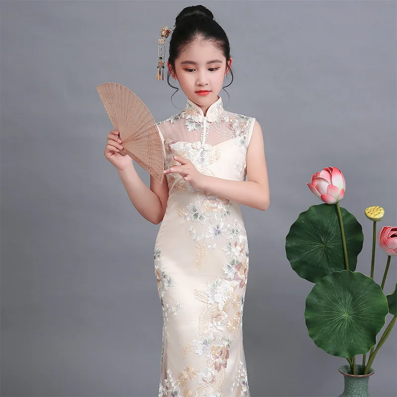 Children qipao long elegant slit dress mermaid fishtail girl cheongsam summer chinese style evening tang suit princess lace kid | Детская