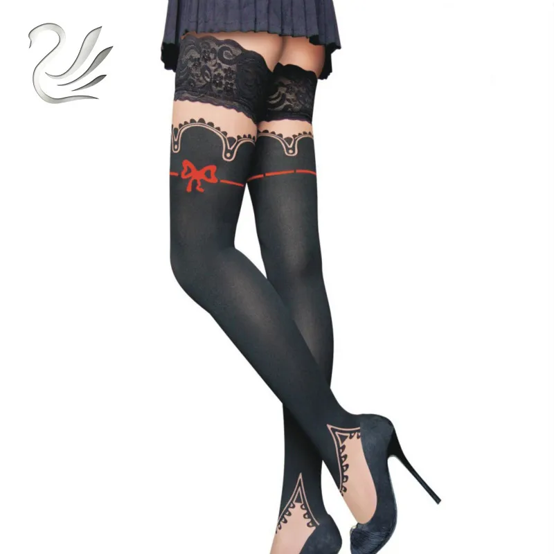 

BEILEISI Women's Sexy Printed Patterned Thigh High Opaque Stockings with Lace Top Silicone Band Up Over The Knee Hosiery Tights