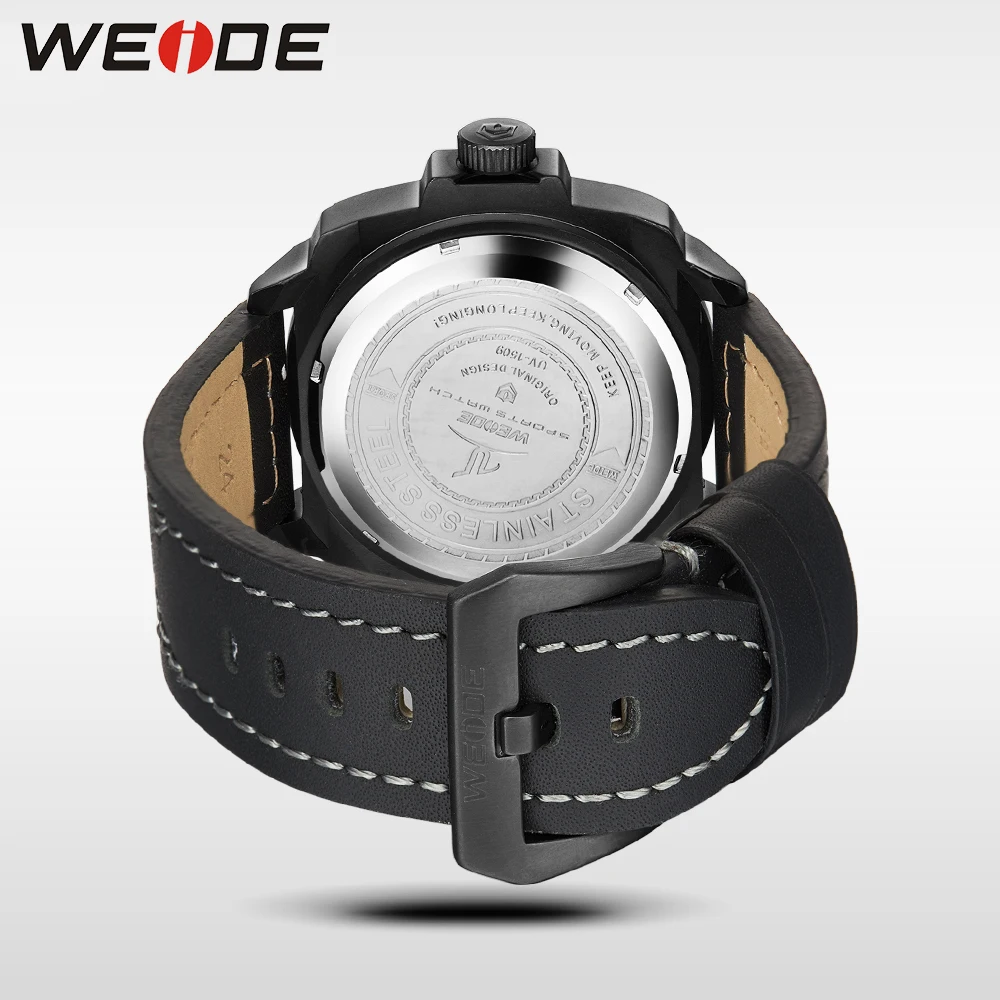 WEIDE Black Watch Men Casual Leather Strap Quartz Yellow Dial Analog Display Water Resistant Big Fashion High Quality Male Clock | Наручные