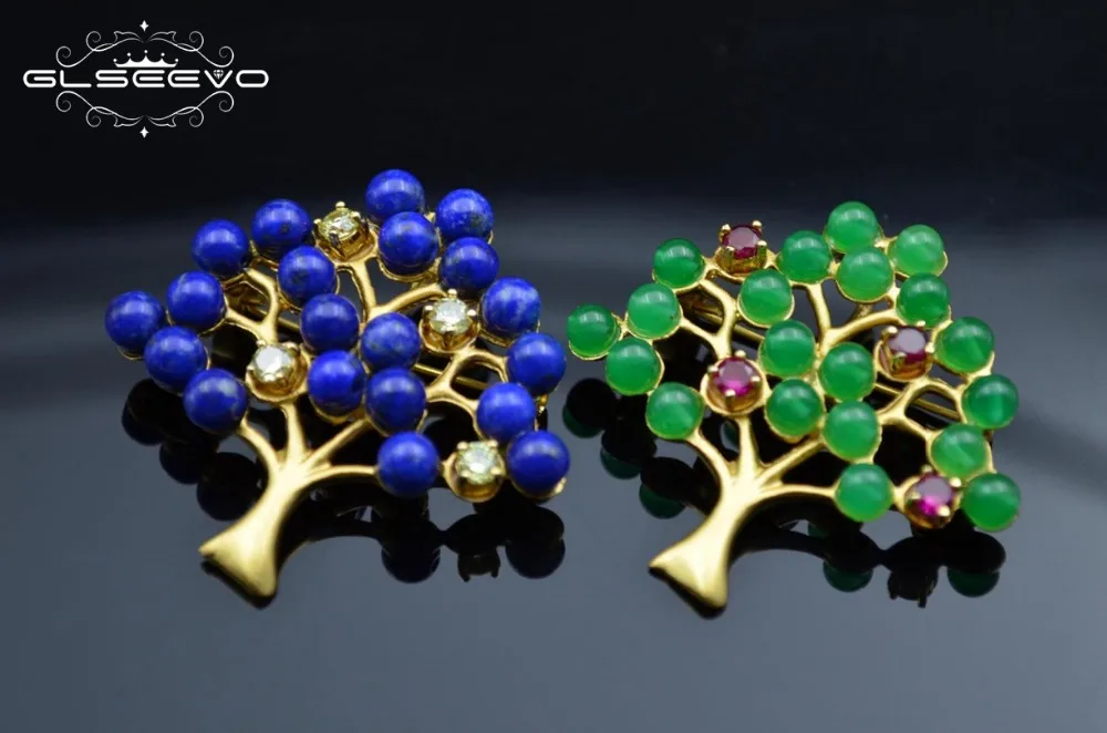 XlentAg Natural Lapis Lazuli Olivine Tree Brooch Pins And Brooches Gifts For Women Accessories Luxury Jewelry Dual Use GO0093 | Украшения и