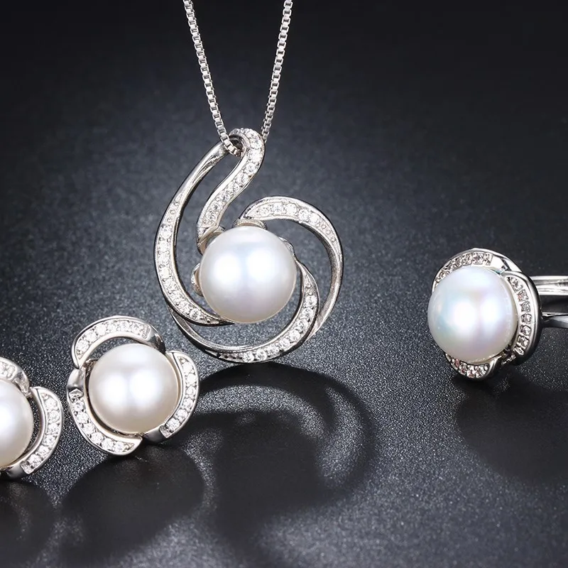 HENGSHENG Genuine Natural Pearl Women Jwelery Set Necklaces&Pendants&Earrings&Ring Big Bread Round with Zircon Flower| |