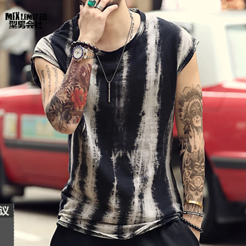 Новые летние мужские футболки без рукавов бренд Ретро black Tie dye ширину плеч жилет
