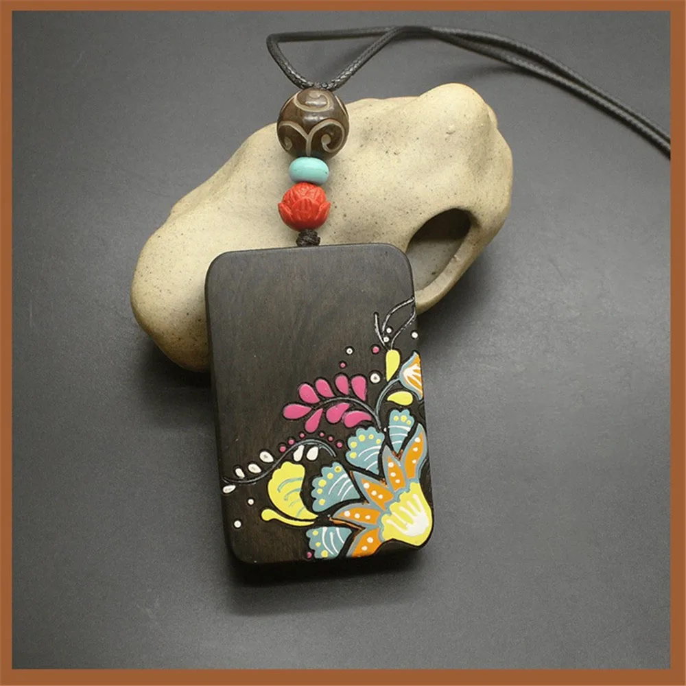 Black Sandalwood Hand-painted Necklace Tibetan Style Joker Personality Sweater Chain Men Women Antique High-end Safety Pendant |