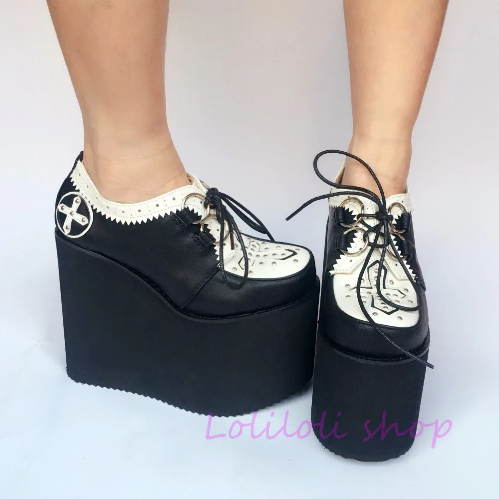 online Princesa Doce Lolita Sapatos Loliloli Yoyo Japonês Design Personalizado Preto E Branco Laço-up Round-toe Plataforma Cunhas Sapatos An6674