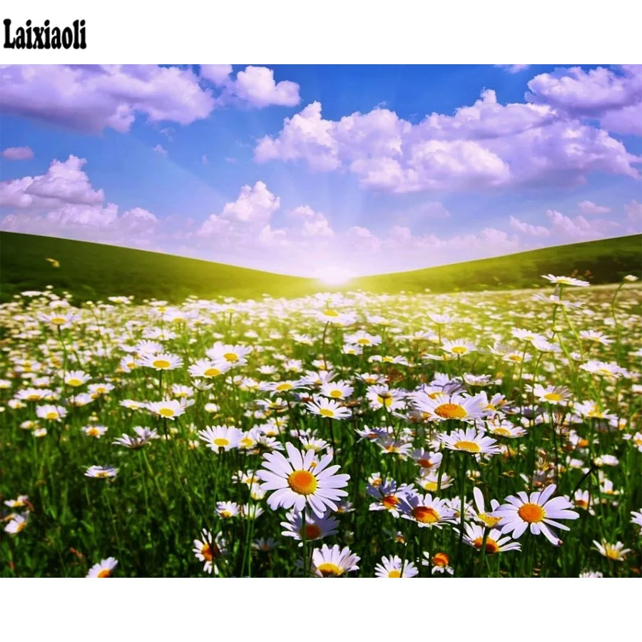 

Diamond Painting Landscape Mosaic 5D DIY Diamond Embroidery Daisy Full SquareRound Drill Cross Stitch sunset view Decor