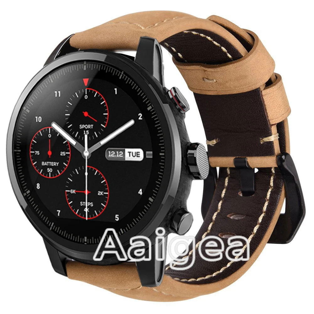 Khaki Модные кожаные часы ремешок для Xiaomi Huami Amazfit Strato спортивные часы 2 классическая черная Пряжка замена Браслет ремешок - Цвет: Khaki