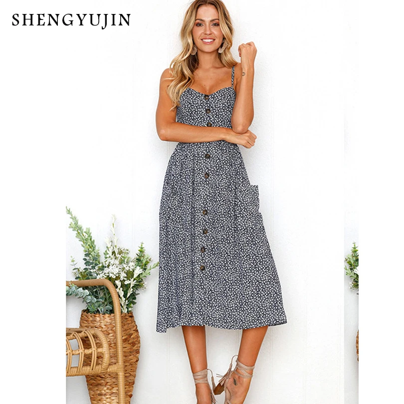 SHENGYUJIN 2019 Vintage Sexy Bohemian Floral Tunic Beach Dress Summer Women Sundress Pocket Red White Striped Female | Женская одежда