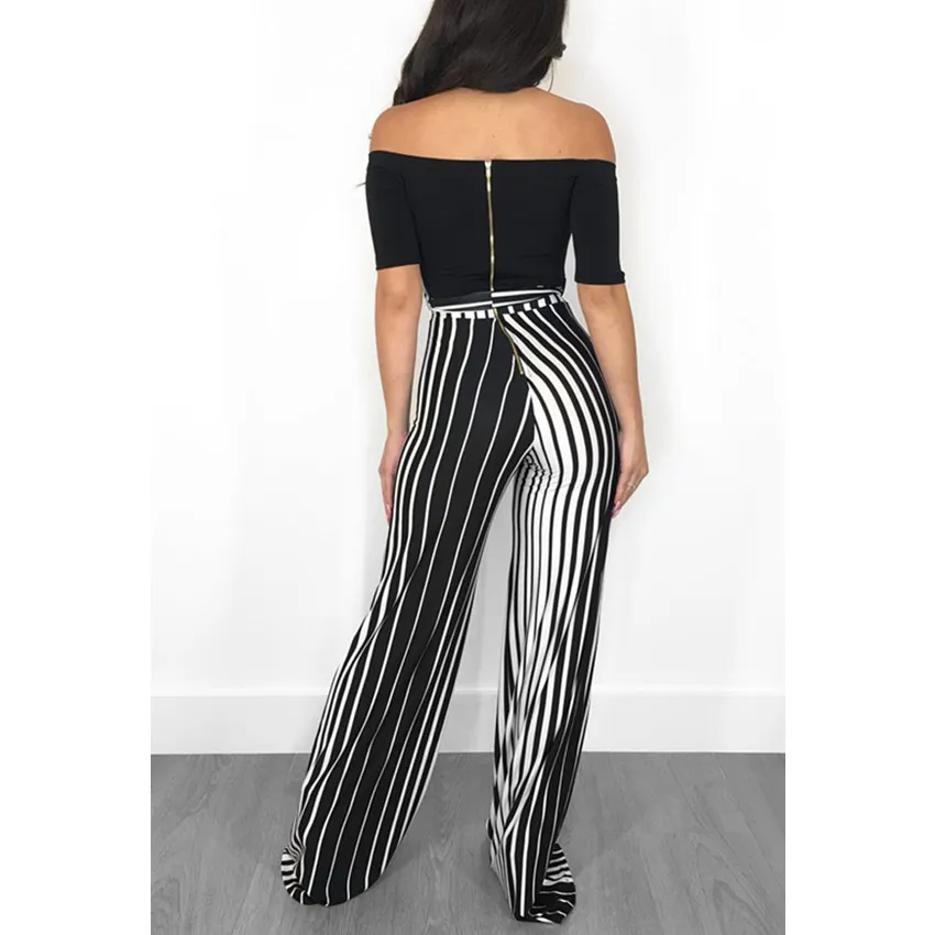 Wjustforu Slash Neck Wide Leg Jumpsuit Elegant Casual Women Bandage Striped Off Shoulder Fashion Sexy Female | Женская одежда